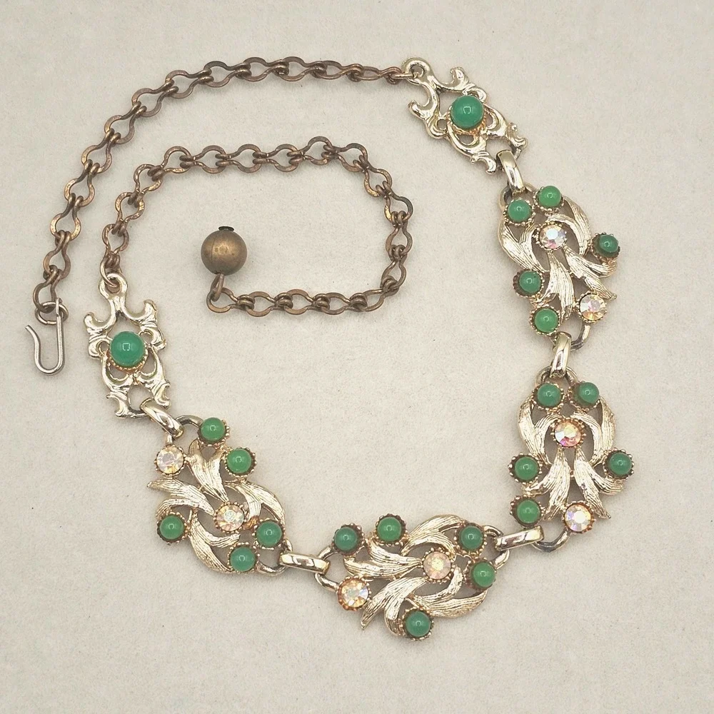Vintage Necklace Gold Tone Green with Aurora Borealis Rhinestones